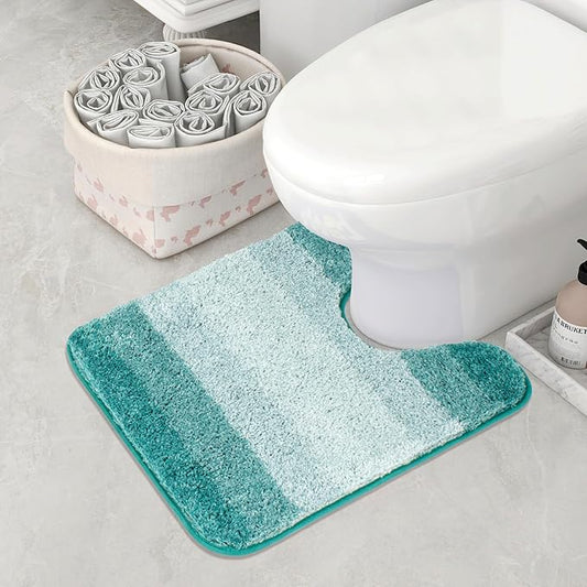 Walensee Contour Rug (20 x 24, Ombre Turquoise) Non Slip Water Absorbent Soft Microfiber Shaggy Bath Mat, Machine Washable U Shape Toilet Rug