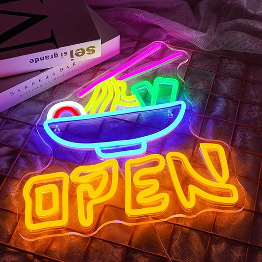 NEONLOVE Ramen Neon Sign Noodle Open Neon Signs for Wall Decor Ramen Neon Light Up Sign Colorful LED Sign Lights for Japanese Ramen Neon Lights for Restaurant Kitchen Fast Food Bar Club Dinner Party