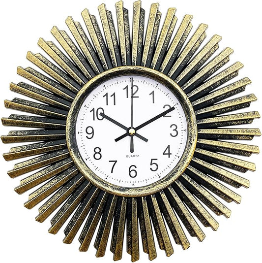 Small Wall Clock 10 Inch, Bronze Analog Battery Operated Wall Clock Vintage Starburst Decorative Clock for Living Room Decor, Bathroom, Kitchen, Office