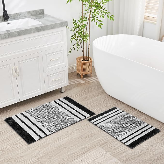 CozeCube Black Striped Bath mats for Bathroom Non Slip, Fluffy Absorbent Microfiber Bath mat Washable, Aesthetic Bathroom Rugs, Large Bath mat for Sink, 36" x 24"