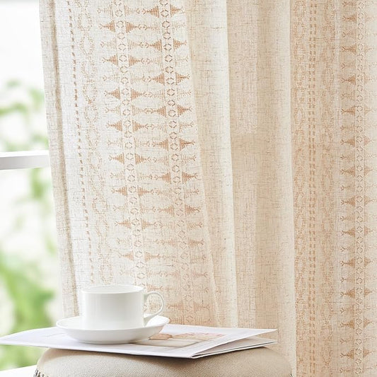 jinchan Boho Curtains for Bedroom Beige Linen Blend Curtains Farmhouse Embroidered Bordered Living Room Drapes 90 Inch Length Bohemian Light Filtering Grommet 2 Panels Ivory on Beige