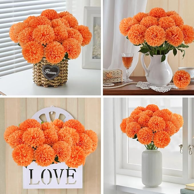 Hananona 12 Pcs Artificial Chrysanthemums Flowers Ball Flower, Orange Fake Mums Silk Fall Flowers for Autumn Home Decor Indoor Floral Arrangement Table Centerpiece (12, Orange)