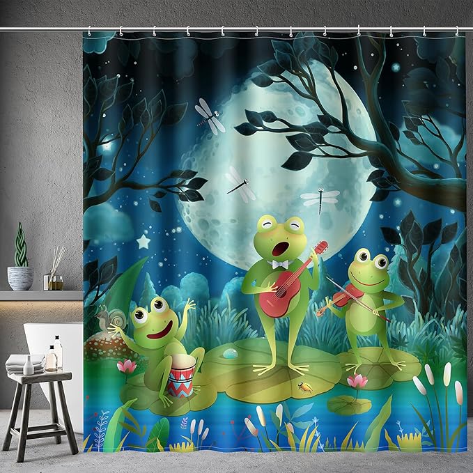 Aimego Long Funny Shower Curtain - Cute Cartoon Frogs Lotus Leaf Floral Pond Moon Fun Fabric Cloth Shower Curtain Set with 12 Hooks for Kids Bathroom Decor Accessories Bathtub Curtain, 72"x78"
