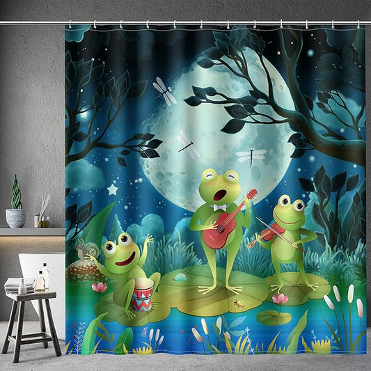 Aimego Long Funny Shower Curtain - Cute Cartoon Frogs Lotus Leaf Floral Pond Moon Fun Fabric Cloth Shower Curtain Set with 12 Hooks for Kids Bathroom Decor Accessories Bathtub Curtain, 72"x78"