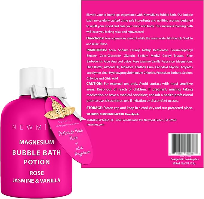 Magnesium Bubble Bath Rose Jasmine Vanilla Long Lasting Foam for Sore Muscles Epsom Salt Moisturizing Relaxing Stress Relief Spa Gift for Women