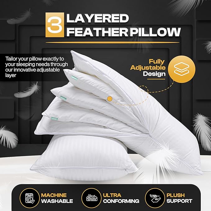 EverSnug Goose Feather Adjustable Layer Pillows for Sleeping - Set of 2, Cooling, Luxury Pillows for Back, Stomach or Side Sleepers (King (Pack of 2))