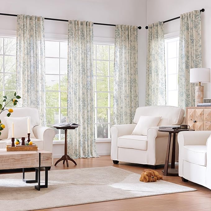 jinchan Linen Blend Curtain Floral Curtains for Living Room 45 Inch Length Blue Printed Curtain Rod Pocket Back Tab Farmhouse Peony Flower Patterned Drapes Bedroom Window Curtains Set 2 Panels
