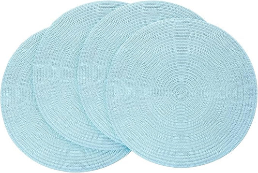 Floroom 15 Inch Round Braided Placemats Set of 4, Washable Heat Resistant Cotton Polyester Circle Place Mats for Kitchen Dining Table - Light Blue