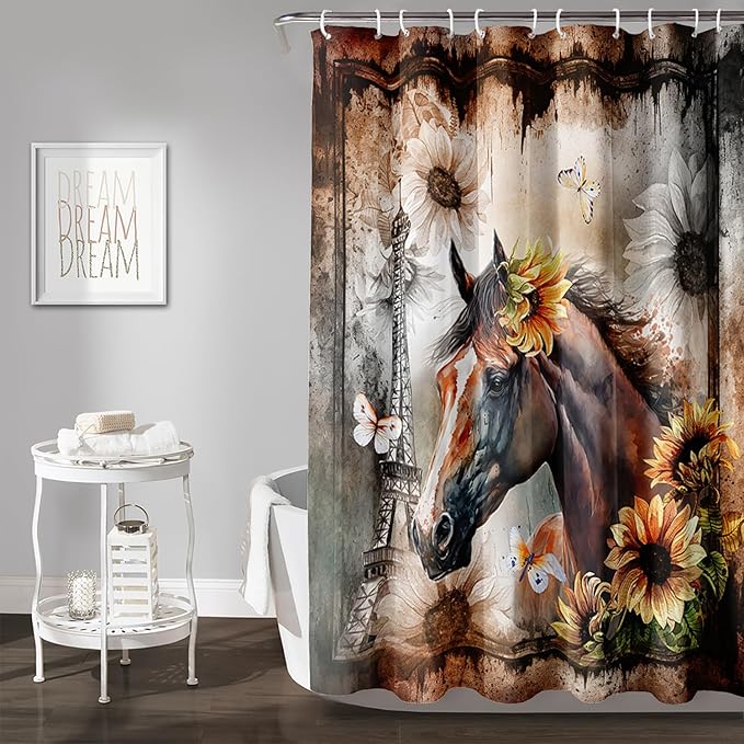 AILONEN Horse Shower Curtain,Sunflower Eiffel Tower Horse Bath Curtain,Retro Horse Polyester Waterproof with 12 Plastic Hooks 36" W*72" H