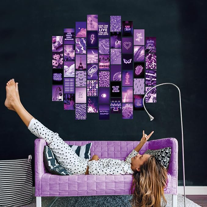 Artivo Purple Wall Collage Kit, 50 Set 4x6 Butterflies, Purple Black Pictures for Wall Decor, Posters for Room Aesthetic, Girls Room Decor, Cute Wall Decor for Teens