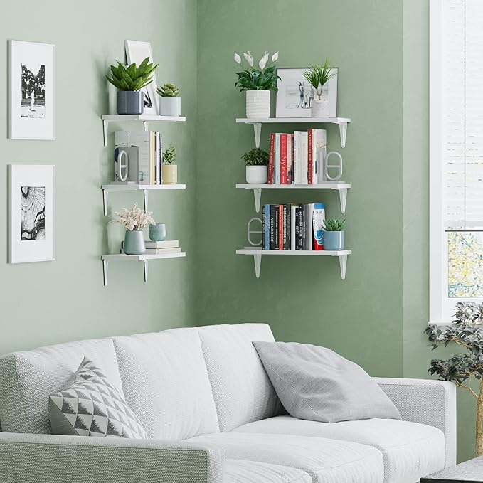Wallniture Arras 17" x 6" Floating Shelves for Storage, Wall Bookshelf Living Room Decor, Wall Shelves for Kitchen, Bathroom Floating Shelf, Dining Room, Storage Shelf, Set of 6, White, Wood