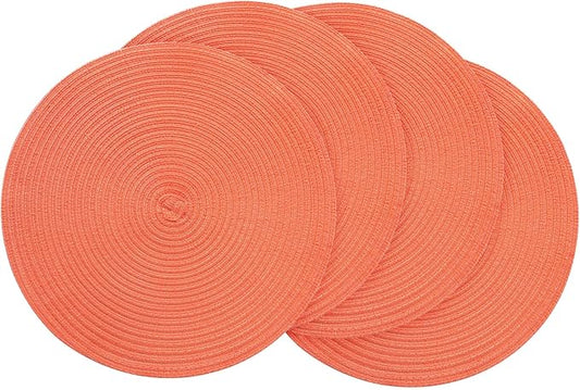 Floroom 15 Inch Round Braided Placemats Set of 4, Washable Heat Resistant Cotton Polyester Circle Place Mats for Kitchen Dining Table - Coral Orange
