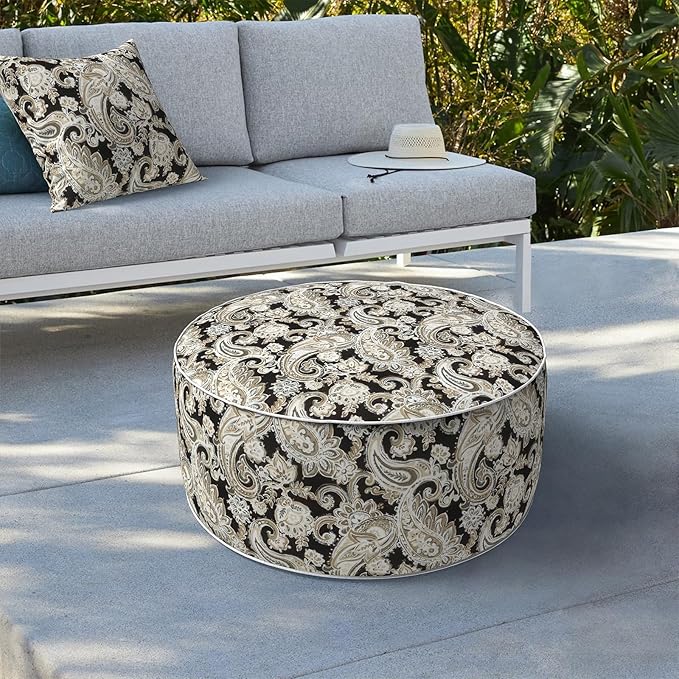 LVTXIII Indoor/Outdoor Inflatable Ottoman, D31 x H14 Inch Large Round Ottoman, All Weather Foot Rest Stool, Portable Footrest for Patio, Garden, Camping and Home - Paisley Black