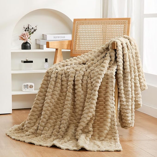 Puncuntex Beige Throw Blanket 60"×80" inches Fuzzy 3D Jacquard Decorative Flannel Fleece Super Soft Plush Cozy Blanket for Couch Sofa Chair Lightweight