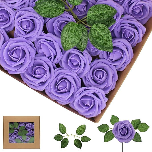50PCS Artificial Flowers Purple Roses Real Looking Foam Fake Roses with Leaves and for DIY Wedding Bouquets Bridal Shower Centerpieces Party Decorations (Purple, 50)