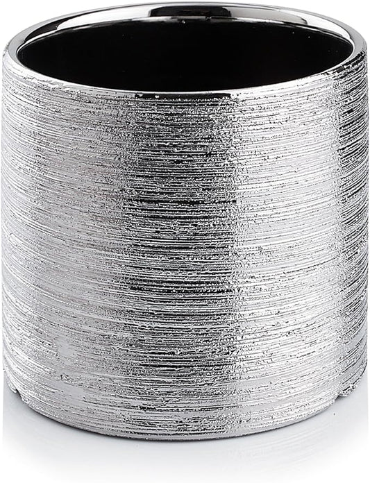 WGVI Silver Etched Ceramic Cylinder Vase Width 6.5" Height 6", Flower Arrangements, Candle Holder, Terrarium Planter Pot, Storage Container Organizer, Pen Brush Holder, Scratched Texture Design, 1 Pc