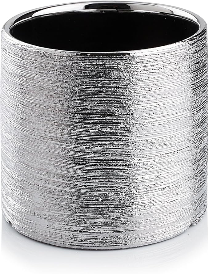 WGVI Silver Etched Ceramic Cylinder Vase Width 5.5" Height 5", Flower Arrangement, Candle Holder, Terrarium Planter Pot, Storage Container Organizer, Pen Brush Holder, Scratched Texture Design, 12 Pc
