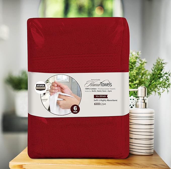 Utopia Towels 6 Pack Premium Hand Towels Set, 16 by 28 inches, 100% Ring Spun Cotton, Ultra Soft and Highly Absorbent 600GSM Towels for Bathroom, Gym, Shower, Hotel, and Spa, Red