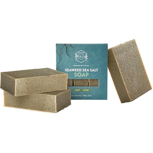 Handmade in Canada, Plant Based Cold Process Natural Bar Soap For Face & Body, With Premium Essential Oils, For Men And Women 3 Pack (Seaweed and Sea Salt)