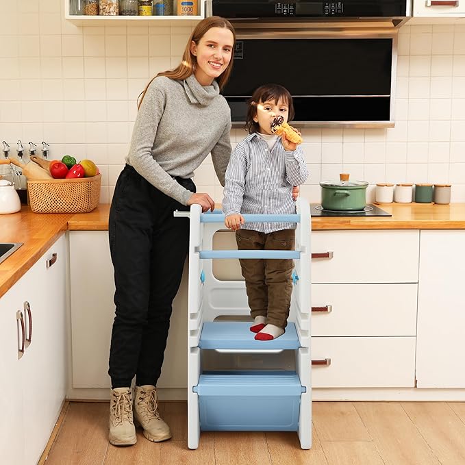 SDADI Multifunctional Toddler Tower with Double Safety Rails - Adjustable & Non-Slip for Kitchen and Bathroom Use - Montessori Step Stool for Kids, Beige and Baby Blue