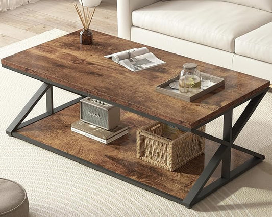 Coffee Table With Storage, Farmhouse Living Room Center Table, Modern Minimalist Rectangle, Industrial Vintage Wood Tea, 47 Inch, Rustic Brown