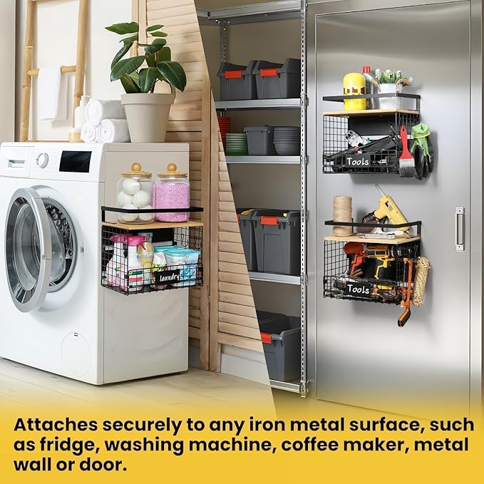 1 SET Strong Magnetic Shelf for Fridge with Tag & Bamboo Top, XXL Large Capacity Magnetic Spice Rack Shelves for Side of Refrigerator, Kitchen Pantry Storage Organizer, Multiuse Food Fruit Veg Baskets