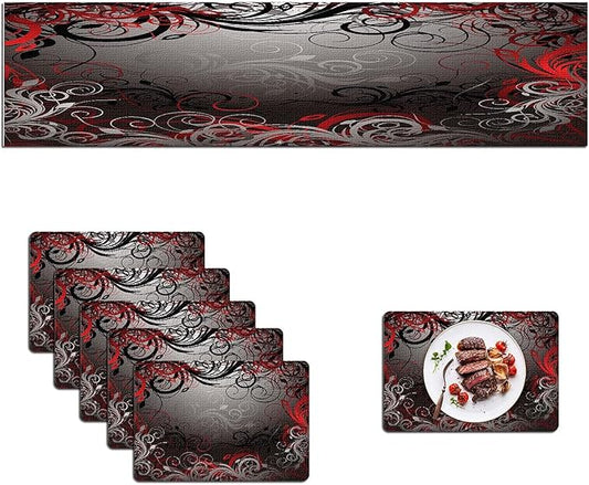Mcalk Table Runner and Placemats Set of 6 Pieces,Mystic Gray Leaf Placemat,Cloth Place Mats Red Indoor for Kitchen,Washable Placemats Floral Print Linen Material for Dining Table