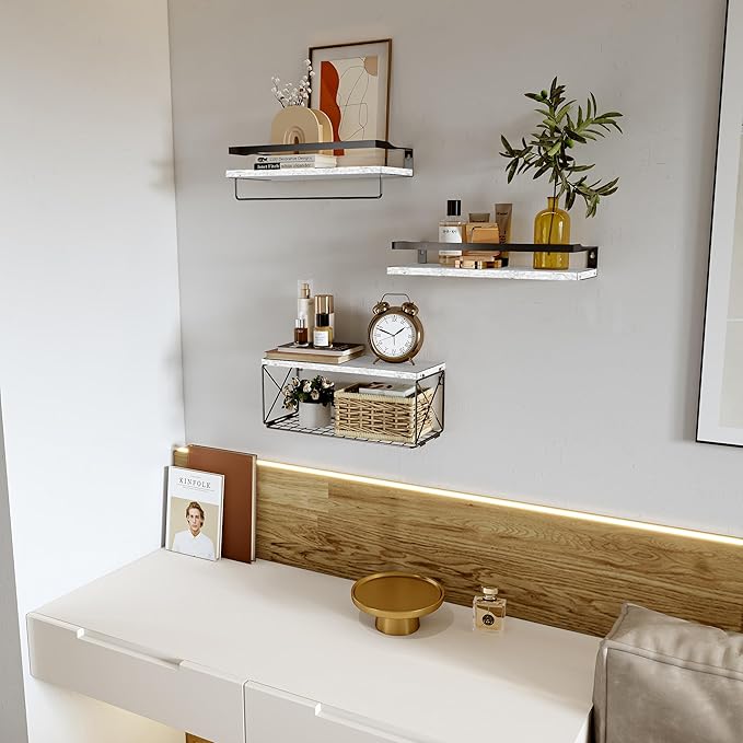 Bathroom Shelves with Wire Storage Basket, Farmhouse Wood Floating Shelves Over Toilet with Protective Metal Guardrail, Wall Shelves for Bedroom, Living Room, Kitchen and Bathroom Toilet Paper