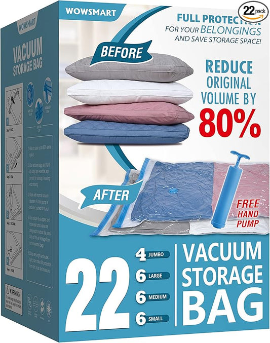 22 Vacuum Storage Bags with Hand Pump, 80% Space Saver Vacuum Seal Storage Bags for Clothing, Travel Lugggage, Blankets, Comforters