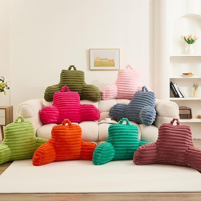 WERDIM Reading Pillow for Sitting in Bed, Faux Fur Back Pillow for Bed Rest, Bed Chair Pillow with Arms and Pockets(Standard, Emerald)