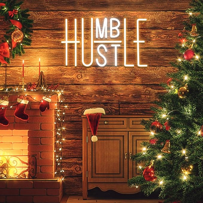 Hustle LED Neon Sign for Wall Decor, Humble Party Decorations, USB Powered Switch Adjustable Brightness LED Neon Lights, for Office Room, Gym Room, Man Cave Decor (Yellow&White)