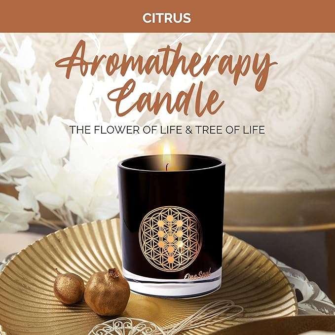 Citrus Aromatherapy Candle, Zesty Scented Candles, Luxury Candles Scented with Tree of Life Symbol, Hand-Poured Soy Candle, 50 Hours Burn Time, 7.6 oz. - OneSoul Collection