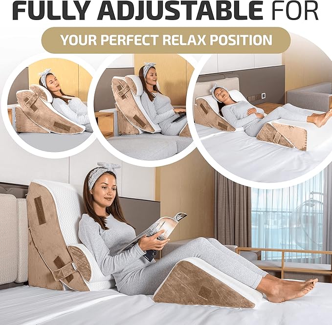 5pcs Orthopedic Bed Wedge Pillow Set w/Leg Elevation Pillow - Perfect Adjustable Memory Foam Pillows for After Surgery Recovery, Back Support, Pain Relief, Acid Reflux, Sleeping & GERD