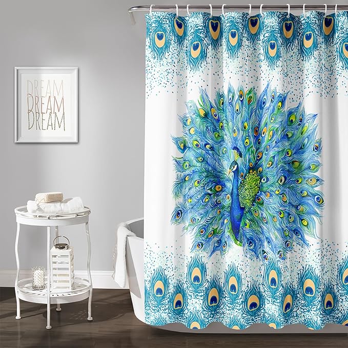 AILONEN Peacock Shower Curtain for Girls,Beautiful Green Peacock Bath Curtain for Kids Women,Peacock Feather Print Waterproof Shower Curtain for Bathroom Decor with 12 Plastic Hooks, 48" W*72" H