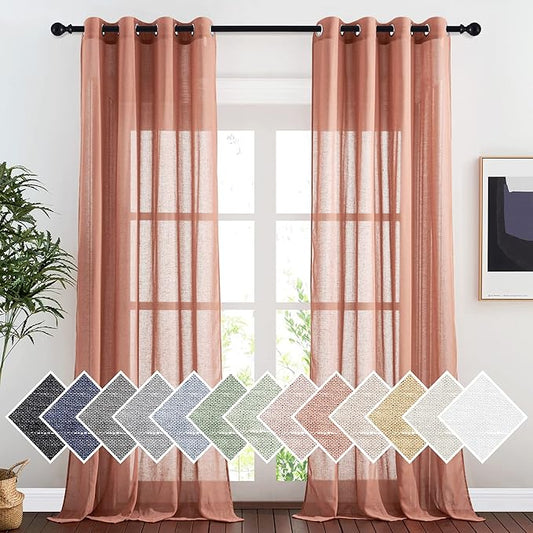 NICETOWN Linen Semi Sheer Curtains, Grommet Top Rustic Farmhouse Linen Curtains & Drapes Privacy with Light Through Drapes for Bedroom/Home Office, Terracotta=Burnt Orange, W52 x L96, 1 Pair