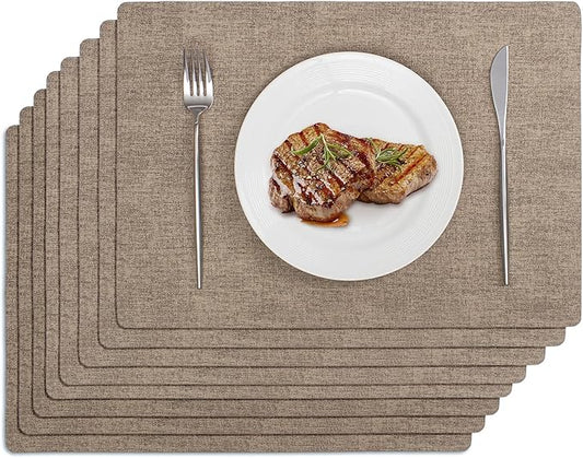 Softalker Faux Leather Placemats Set of 8-Vinyl Heat Resistant Place Mats, 100% Waterproof Oilproof Wipe Clean Table Mats for Indoor & Outdoor Use, 17’’×12’’, Khaki