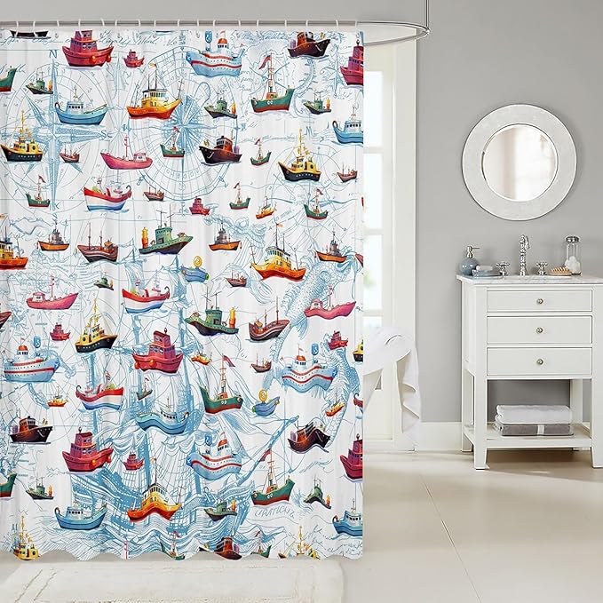 Feelyou Sailboat Printed Shower Curtain 72"x72" Kids Nautical Decor Bathroom Shower Curtain Set for Boys Girls Teens Ocean Marine Themed Bath Curtain Sea Adventure Bathroom Accessories