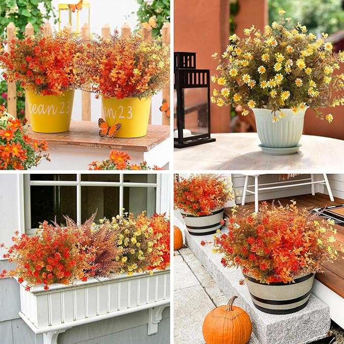 Ouddy Decor 24 Bundles Artificial Fall Flowers for Outdoor Decoration UV Resistant Fake Plastic Plants Faux Boston Fern for Autumn Indoor Outdoor Garden Patio Fireplace Window Box Kitchen Home Decor