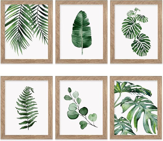 Framed Botanical Wall Art Prints Set of 6 - Tropical Leaves Canvas With Frame, Plant Leaf Boho Pictures, Green Art Posters for Bedroom (Leaf Wall Art, 8"x10" Framed)