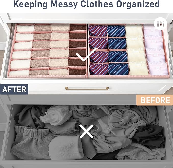 Joyoldelf Sock Drawer Organizer Divider 4 Packs Underwear Organizer, 2 x 24 Cell + 2 x 16 Cell Closet Organizers and Storage Sock Holders for Storing Socks, Handkerchiefs, Ties, Belts (Pink)