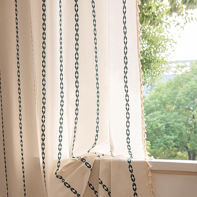 Sutuo Home Boho Curtains 84 Inches Long for Bedroom Living Room, Bohemian Drape,Light Filtering Country Semi Blackout Farmhouse Window Treatment Rod Pocket, 1 Panel W52 x L84,White and Hunter Green