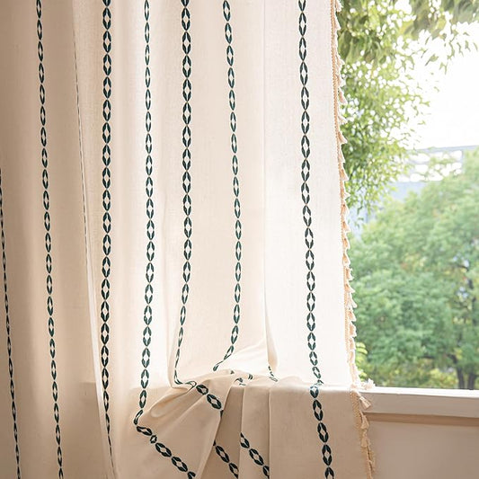 Sutuo Home Boho Curtains 84 Inches Long for Bedroom Living Room, Bohemian Drape,Light Filtering Country Semi Blackout Farmhouse Window Treatment Rod Pocket, 1 Panel W52 x L84,White and Hunter Green