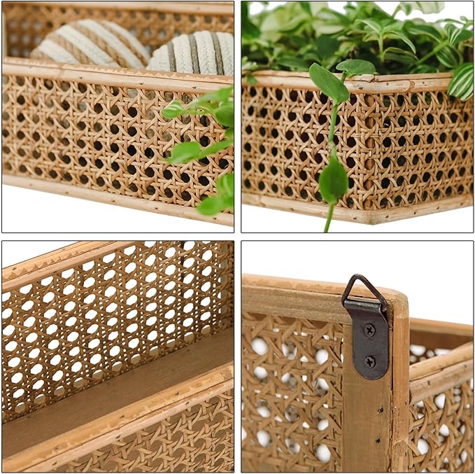 Boho Long Rattan Wall Shelf Farmhouse Woven Wall Mounted Shelf Basket Organizer Storage Rustic Floating Hanging Wall Shelf for Livingroom Home Decor