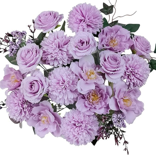 Premium Purple Artificial Flowers Bouquet, Silk Fake Flower Decoration, Faux Floral Arrangements for Wedding Bridal Bouquets and Home Table Centerpieces Décor