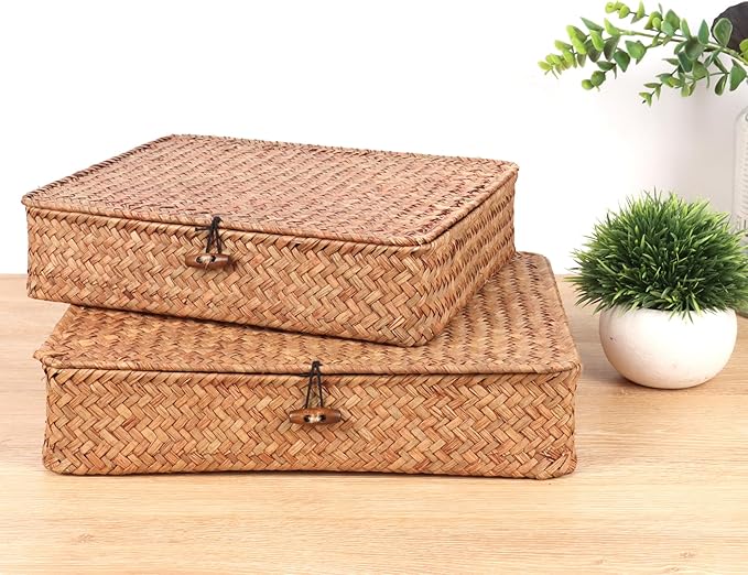 Flat Wicker Shelf Baskets with Lid, Handwoven Seagrass Basket Boxes for Storage Baskets Bins Home Decor Organizer (Coffee Large)