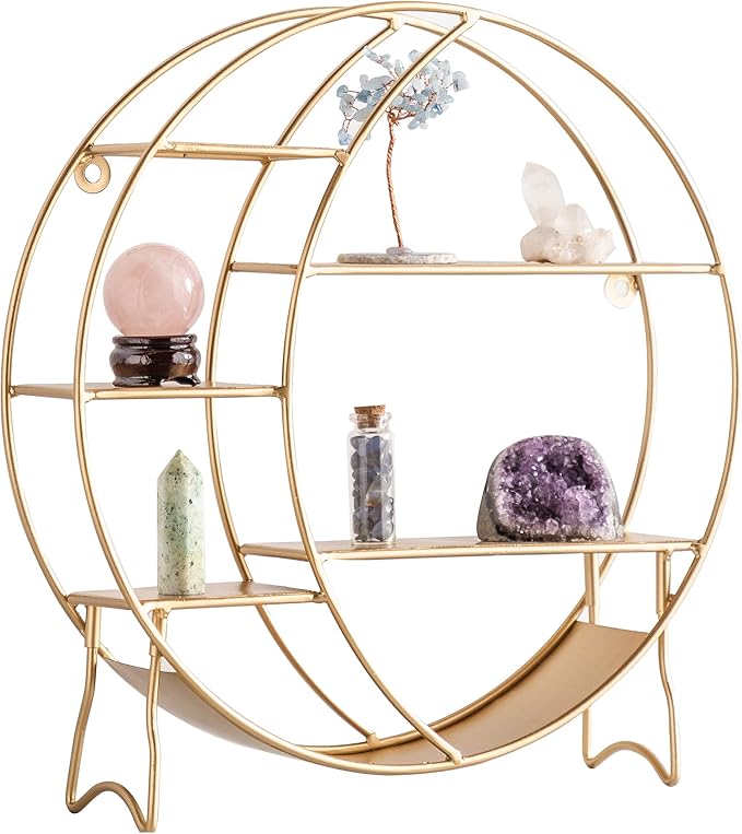 Moon Shelf for Crystals - Circle Shelf Wall Decor for Wall and Countertop - Crystal Shelf Display for Stones, Essential Oil, Pendulum - Boho Hanging Moon Shelves (Matte Gold)