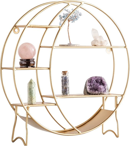 Moon Shelf for Crystals - Circle Shelf Wall Decor for Wall and Countertop - Crystal Shelf Display for Stones, Essential Oil, Pendulum - Boho Hanging Moon Shelves (Matte Gold)