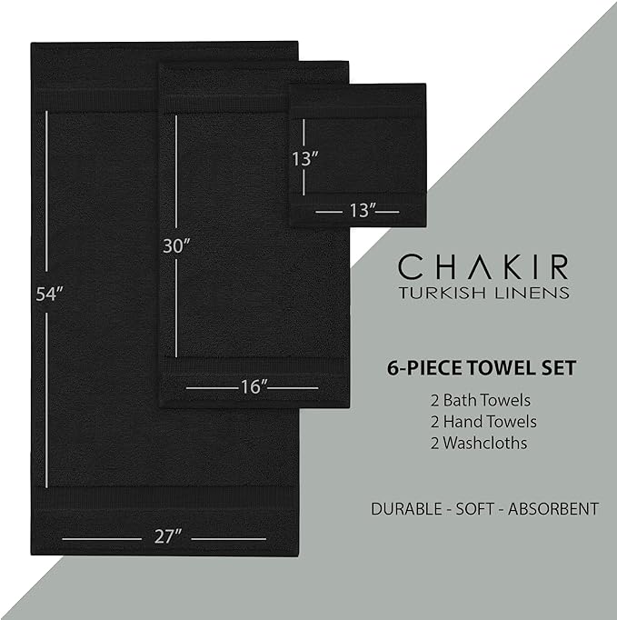 Chakir Turkish Linens Luxury Spa and Hotel Quality Premium Turkish Cotton 6-Piece Towel Set (2 x Bath Towels, 2 x Hand Towels, 2 x Washcloths)