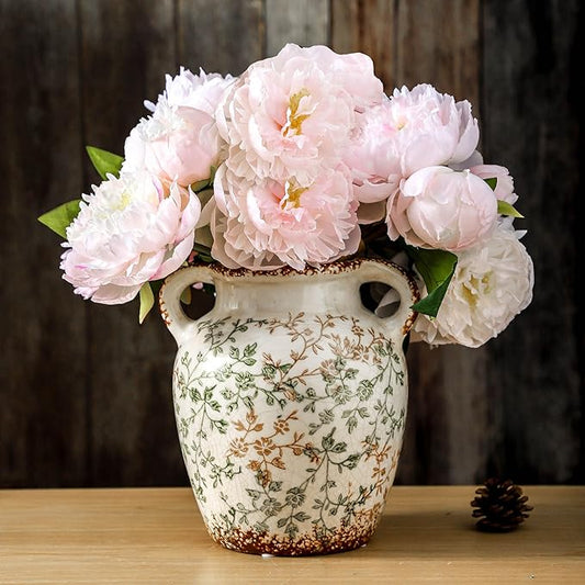 Enra Vintage vase,Green and Beige Ceramic Decorative Flower vase, Chinoiserie Floral Vase,Large Rustic Vases for Home Decors, Living Room, Bookshelf, Office 7.8 Inch