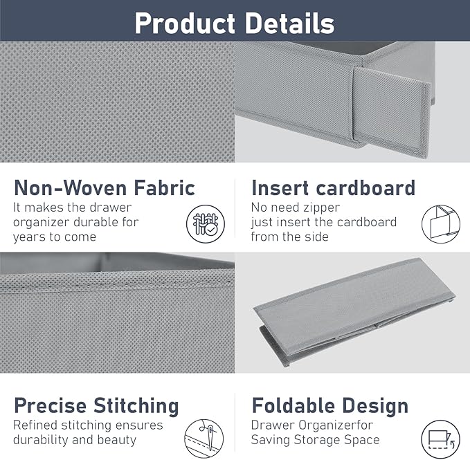 DIMJ Drawer Organizer Clothes - Underwear Organizer Small Sock Organizer Closet Organizers and Storage Box Dresser Drawer Dividers for Baby Clothes,Bra,Socks, Belt, Tie, Set of 6,Grey